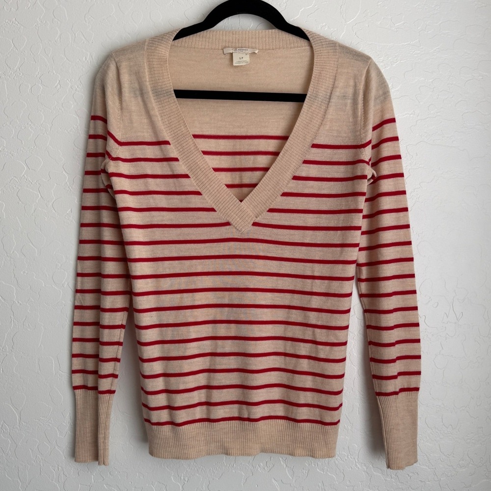 Club Monaco Women's Lightweight Wool Sweater Tan Striped Red Small